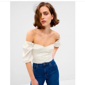 GAP Puff Sleeve Linen Crop Top in White (Size M)